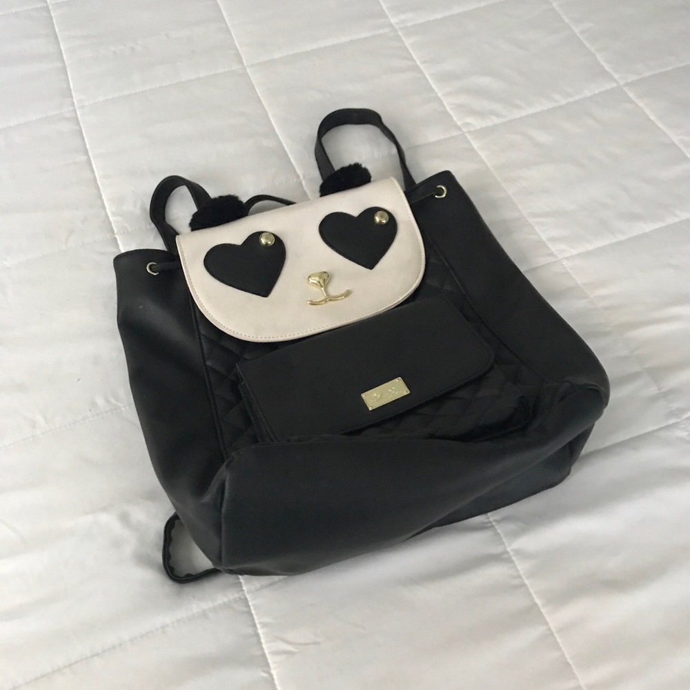 Luv Betsey Johnson Panda Bear Black White Backpack Gold Hardware Faux Leather